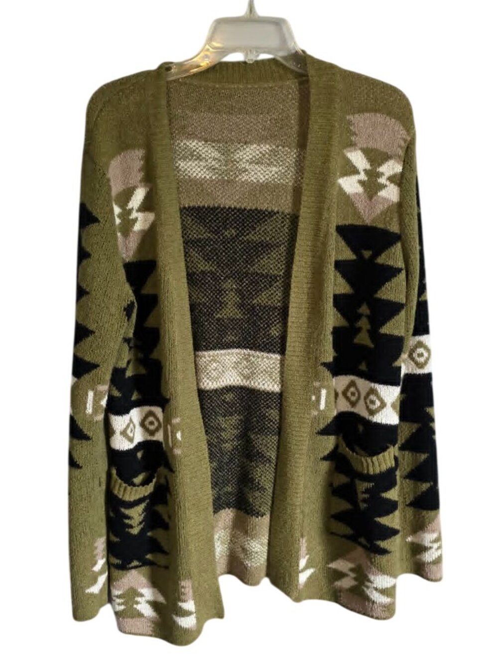Shein Army Green Aztec Southwestern Open Front Cardigan Sweater Medium
